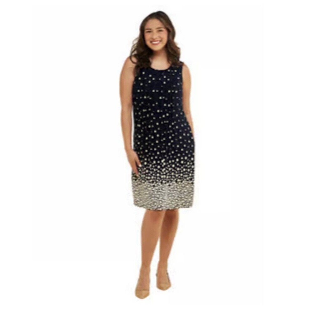 Perceptions Polka Dot A Line Dress Womens SZ M Sleeveless pleated Navy Yellow